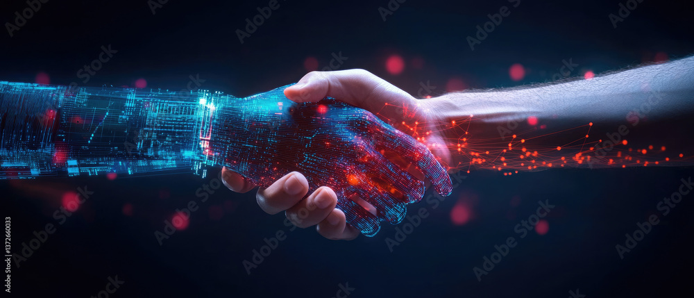 Poster collaborative future human and robot handshake digital realm conceptual art futuristic environment c