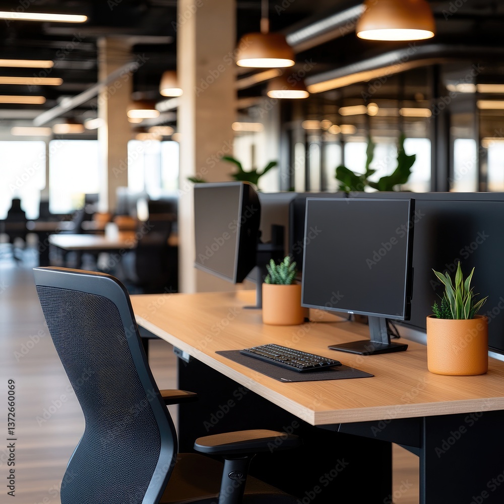 Poster modern office workspace with computers and stylish design elements