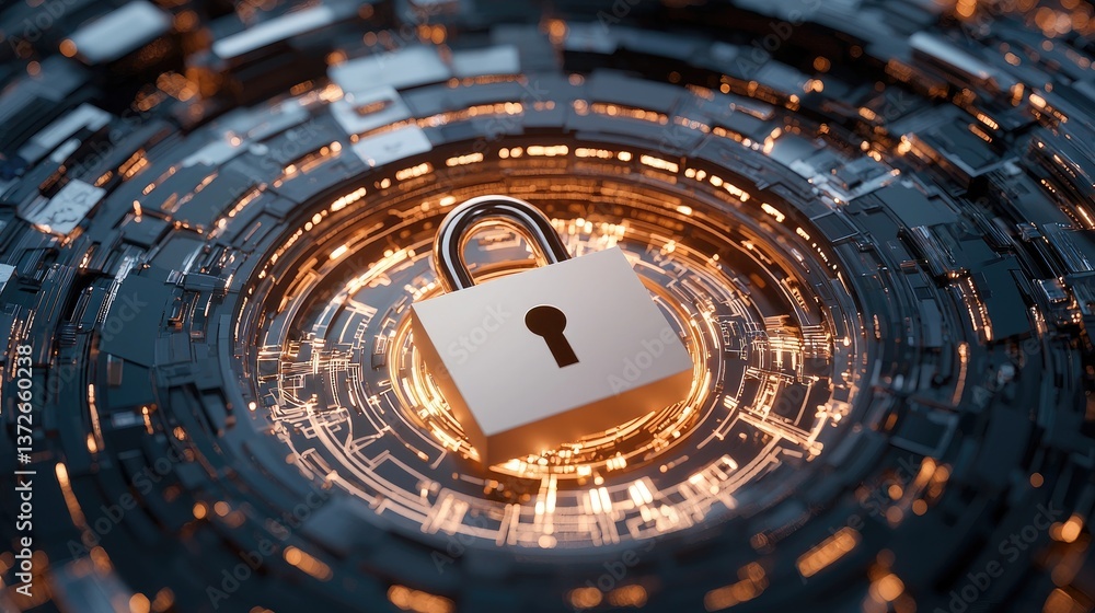 Poster digital lock on circuit board background for cybersecurity concept