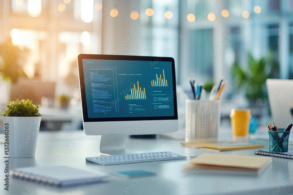 Poster analyzing business data insights modern office digital dashboard bright environment professional vie
