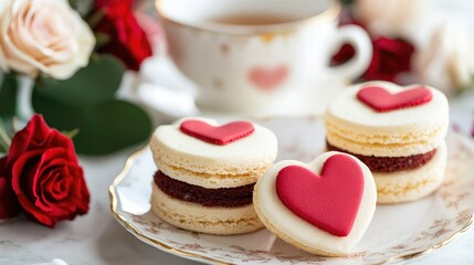 Heart-Shaped Cookies with Roses and Tea for Romantic Celebration