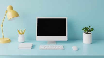 Obraz premium Modern Workspace Design with Computer, Lamp, and Green Plant