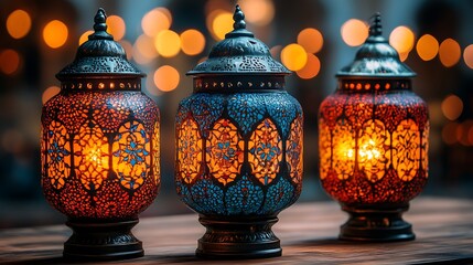 Illuminated mosaic lanterns shine with warm light on a wooden surface