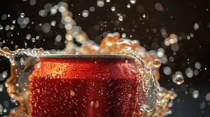 A vibrant splash of water surrounds a red soda can, capturing the dynamic moment of refreshment and excitement. Perfect for advertisements or promotions related to beverages.