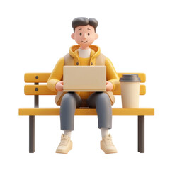A man holding a laptop in one hand and a coffee cup in the other while sitting on a bench, trendy 3D illustration on transparent png background