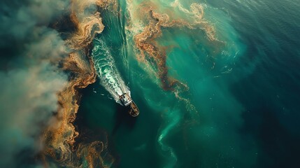 An aerial view of a ship navigating through vibrant waters marked by swirling colors, highlighting the beauty and complexity of marine life and the challenges faced by our oceans.