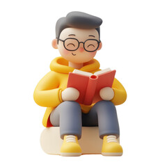 A guy sitting reading a book, trendy 3D illustration, UI friendly on transparent png background