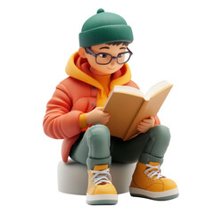 A guy sitting reading a book, trendy 3D illustration, UI friendly on transparent png background