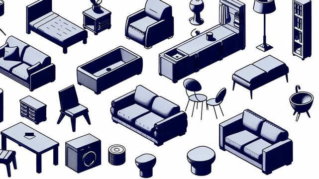 Isometric Illustration of Home Furnishings: A Collection of Blue-Toned Furniture and Appliances