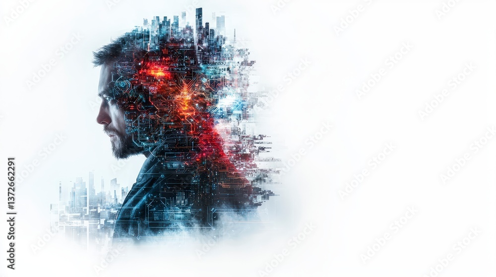 Poster futuristic action scene featuring cybernetic elements urban landscape digital art high-tech environm