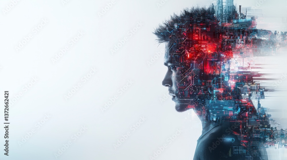 Poster Digital transformation portrait of a man merging with technology abstract art futuristic concept side view innovative ideas