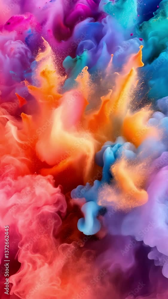 Poster colorful bursts of smoke and paint merge in an abstract display, showcasing vibrant hues and dynamic