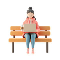 A woman holding a laptop in one hand and a coffee cup in the other while sitting on a bench, trendy 3D illustration on transparent png background