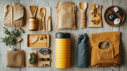 An organized flat lay of essential outdoor gear, including a backpack, utensils, a thermos, and natural elements