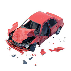 isometric 3d single car crash scene with a damaged vehicle and airbags deployed on transparent png background