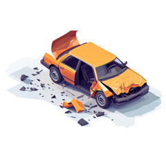 isometric 3d single car crash scene with a damaged vehicle and airbags deployed on transparent png background