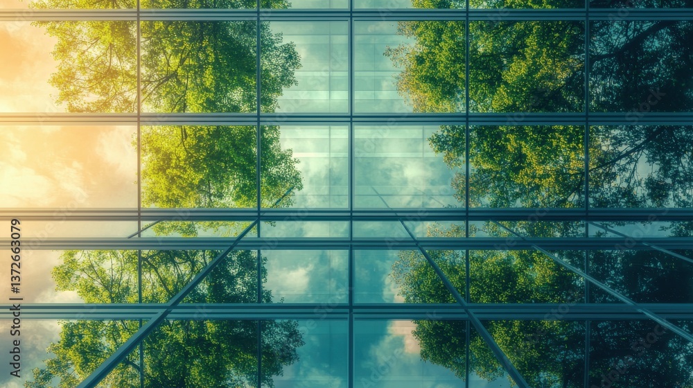 Poster the image depicts a serene and tranquil scene of lush green foliage reflected in the transparent gla