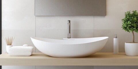 Fototapeta premium A white sink with a silver faucet sits on a wooden countertop. The sink is surrounded by a few potted plants, including a small tree. The bathroom is clean and well-organized, with a few towels