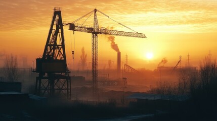 Industrial cranes silhouetted during a dramatic atmospheric sunset environment