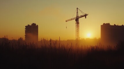 Construction crane silhouetted against an orange sunrise cityscape backdrop