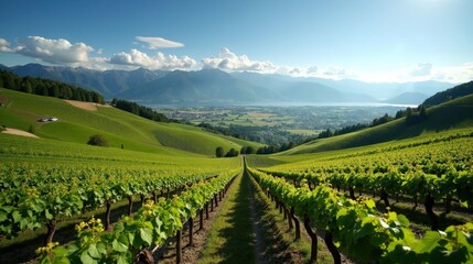 Naklejka premium Detailed, high-quality photo of Lavaux Vineyards in Switzerland during mid-day with sunny weather, showing the lush hills without structures from a regular perspective.