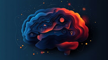 This vibrant artwork portrays a stylized brain with vivid colors, representing creativity, cognition, and the complexity of human thoughts in a modern, abstract design.