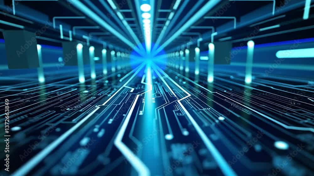 Poster futuristic digital tunnel with bright light at the end and neon lines creating a tech aesthetic