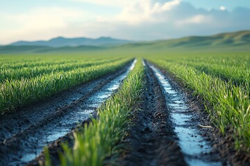 Fototapeta premium Vibrant green fields stretch into the distance, flanked by fresh water tracks. A serene landscape that captures the beauty of nature and agricultural tranquility under a clear sky.