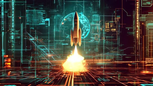 A rocket takes off surrounded by a high tech digital landscape with glowing circuits and data visualizations