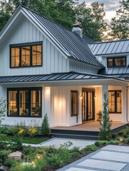 Elegant modern farmhouse exterior with black trim windows and metal roof at dusk with garden path