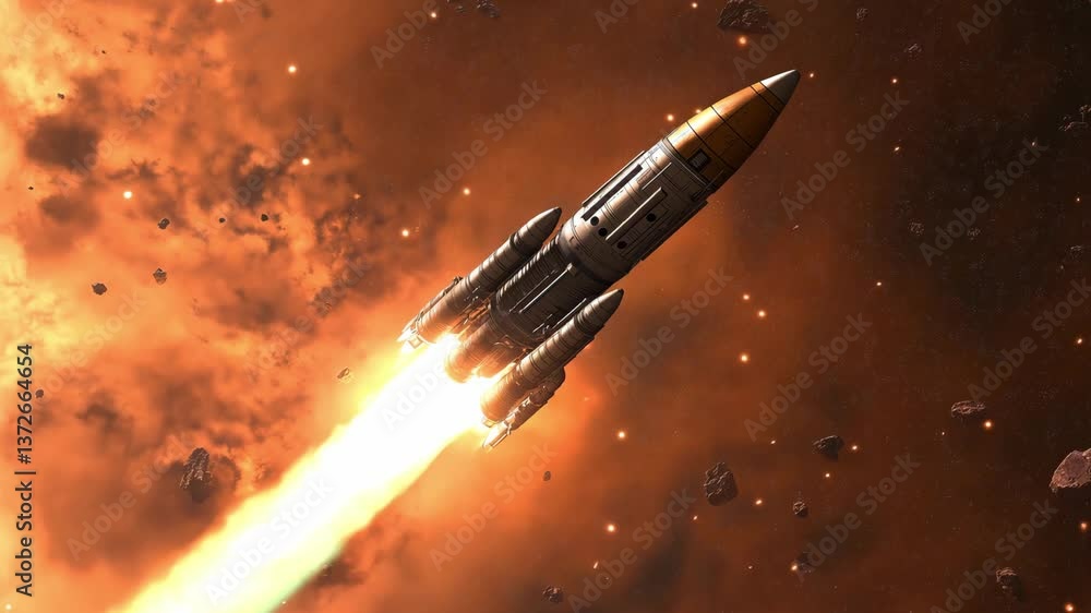 Poster a rocket ascends rapidly into space, surrounded by asteroids and emitting bright flames from its eng