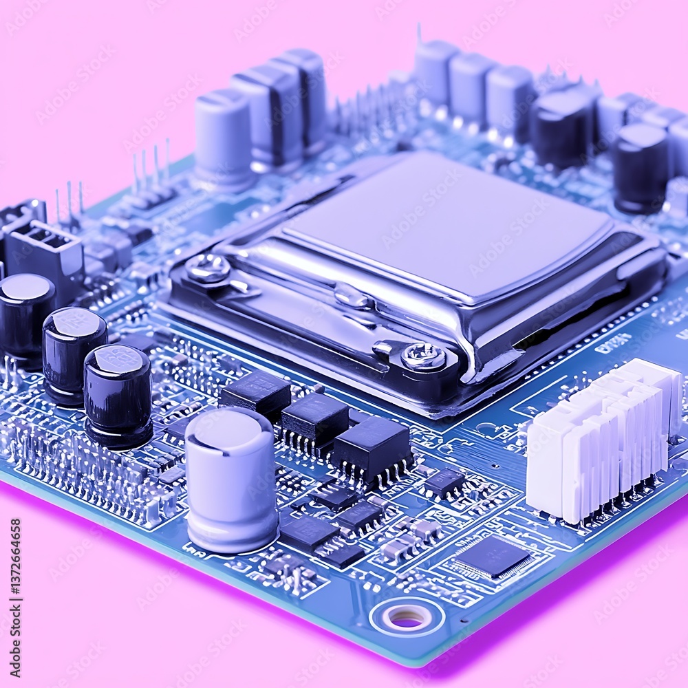 Poster circuit board with central processor on pink background
