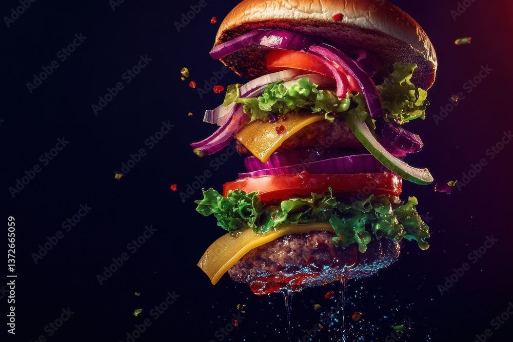 Aufkleber dynamic pop-art burger floating in mid-air with colorful ingredients captured in bold neon colors an