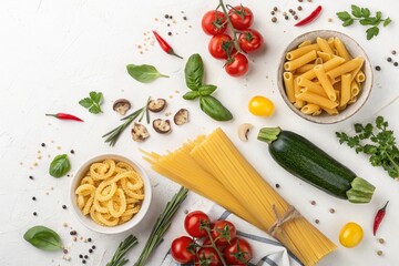 pasta background several types of dry pasta with especies top wiew - generated by ai