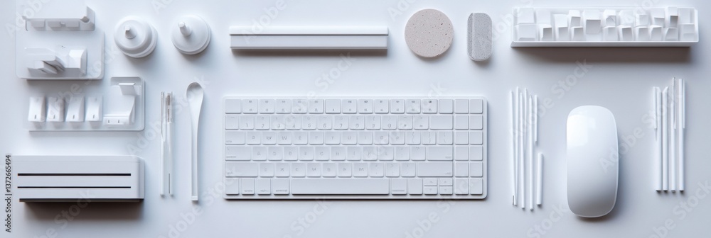 Poster minimalistic white keyboard and office essentials arranged on a clean desk with soft neutral tones a