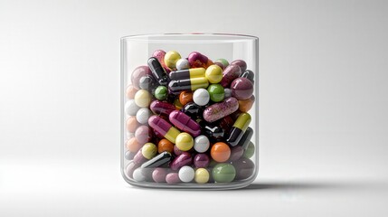 Colorful capsules displayed in glass container laboratory pharmaceutical photography minimalistic close-up health concept