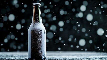 Frosted Brown Beer Bottle in Snowy Winter Setting