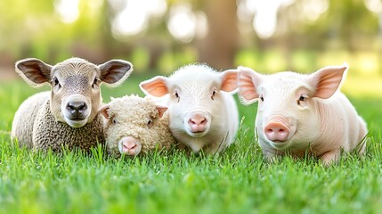 Obraz premium Four Young Farm Animals Resting in Green Grass