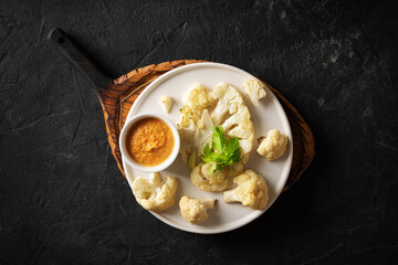 Grilled cauliflower with sauce on plate on black background
