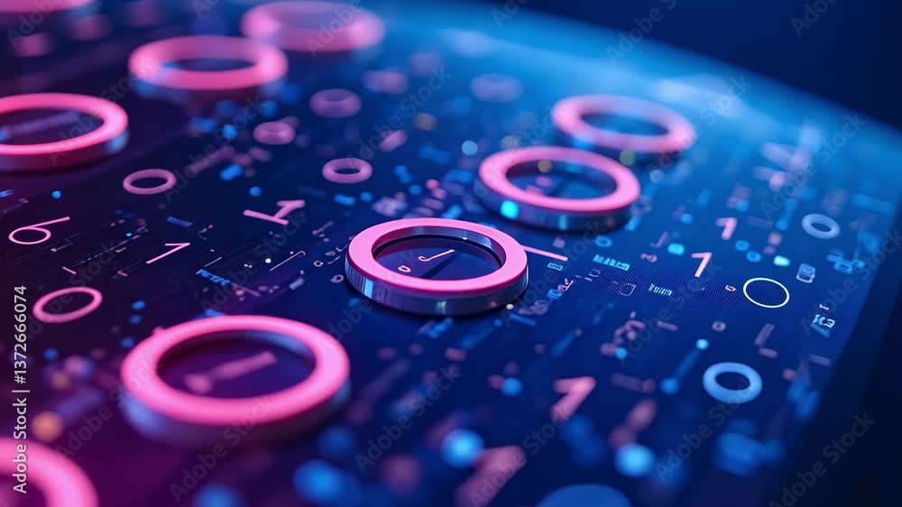 Poster abstract close-up of futuristic digital keypad with glowing neon buttons and circuitry patterns in b