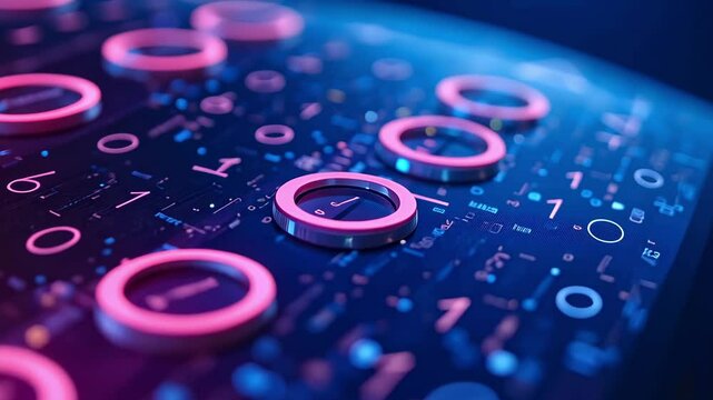 Abstract close-up of futuristic digital keypad with glowing neon buttons and circuitry patterns in blue and pink
