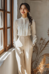 블라우스 패션의 한국 여성