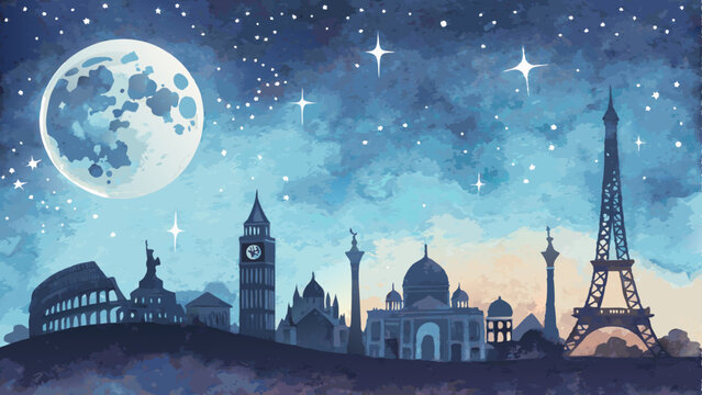 *"Watercolor Night Sky Background - Starry Silhouette of Famous Monuments for Romantic World Tourism Day with Copy Space"*