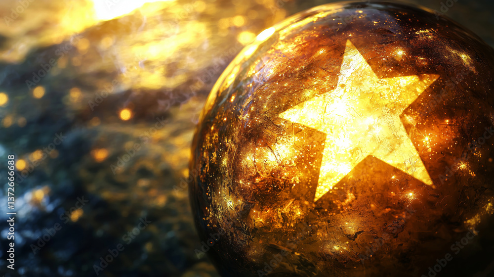 Poster glowing orb with star design reflects light, creating mystical atmosphere. shimmering surface sugges