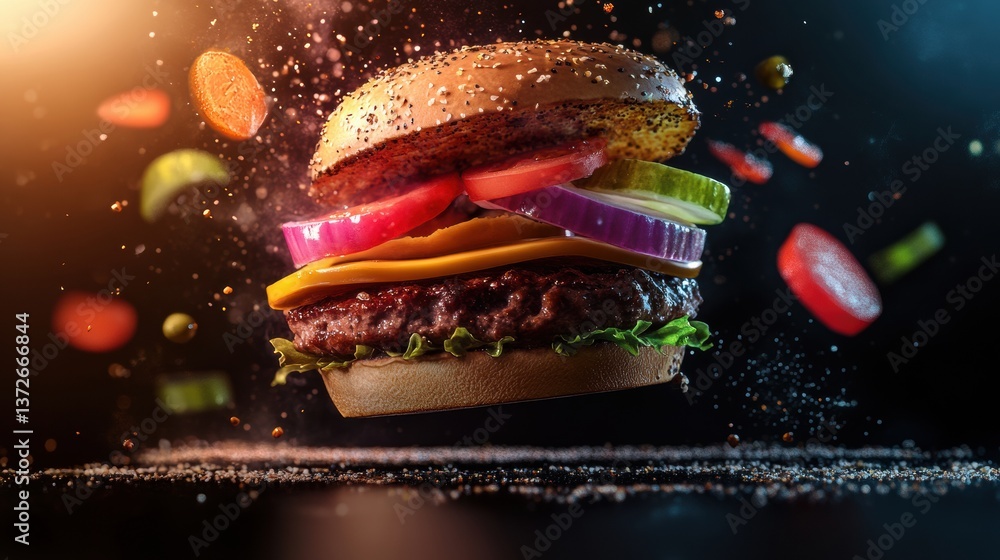 Poster floating burger showcases colorful ingredients in a dynamic pop-art style with high-speed photograph