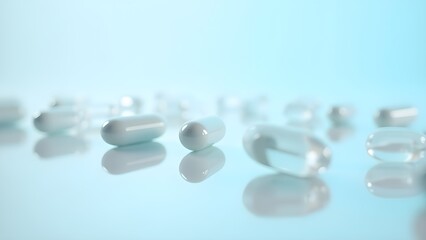 Capsules and Pills on Light Blue Surface for Pharmaceutical or Medical Use