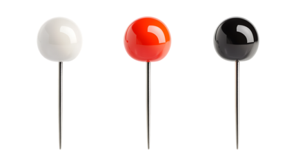 Push Pin Set in Three Different Poses on Transparent Background for Office Supplies, Stationery Designs, or Business Branding