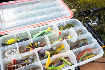 Fishing items in a tabletop arrangement