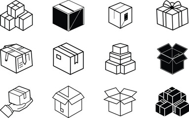 Various Cardboard Boxes Packaging, Shipping, Delivery, and Gift Icons