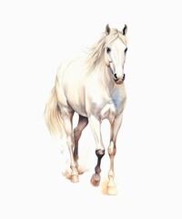 Fototapeta premium Watercolor illustration of a graceful white horse in motion isolated on white background.
